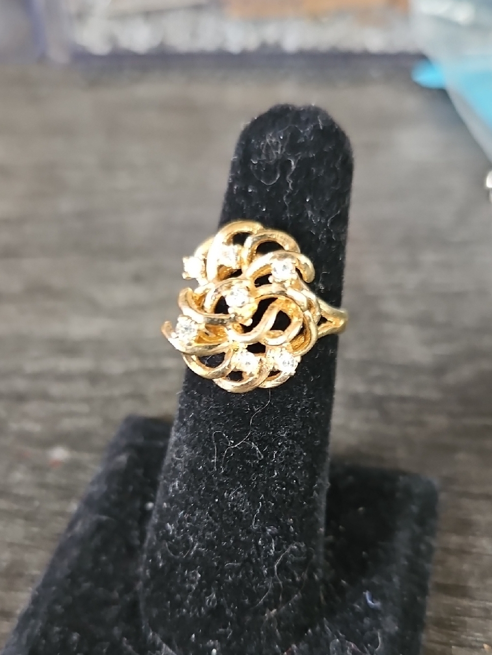 Vintage Gold Floral Openwork Ring with Clear Accents - Women Jewelry
